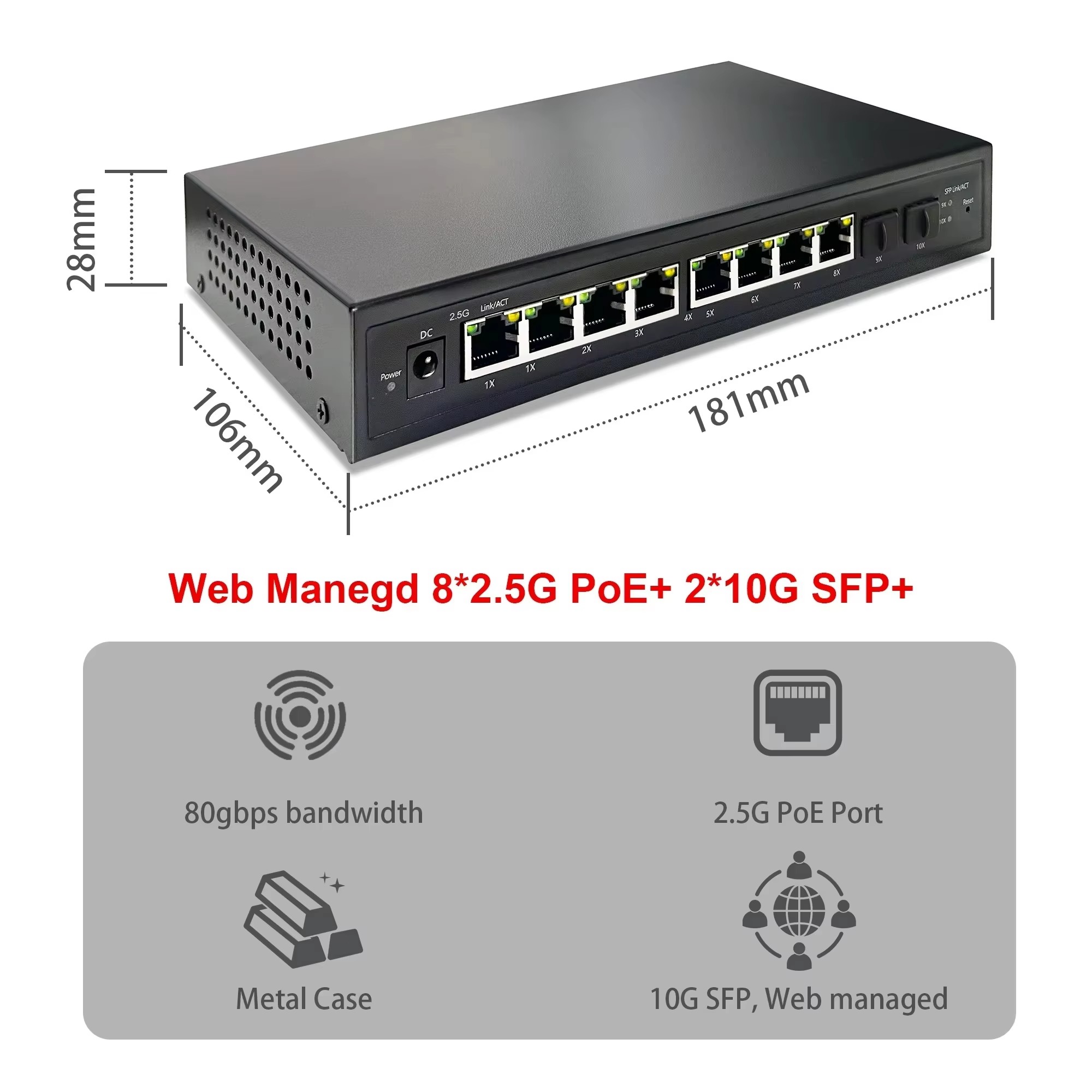Sfp+ 10G Managed Switch 8 Port - Switch PoE Inteligente de 2.5G con